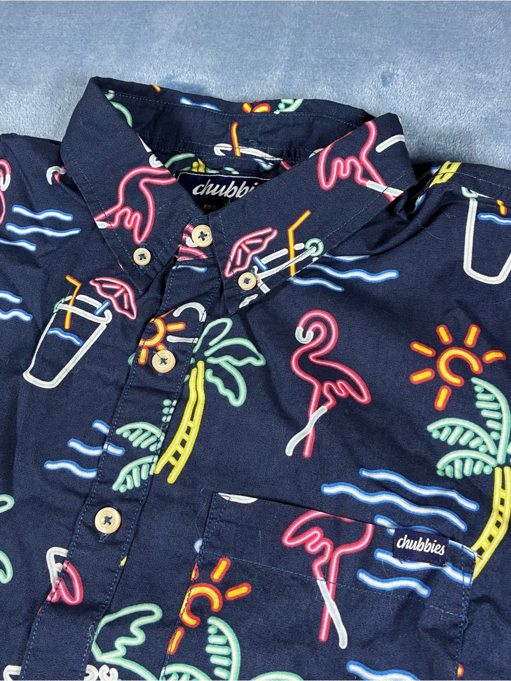 Chubbies Men's Navy Tropical Neon Print Button-Up Shirt Medium